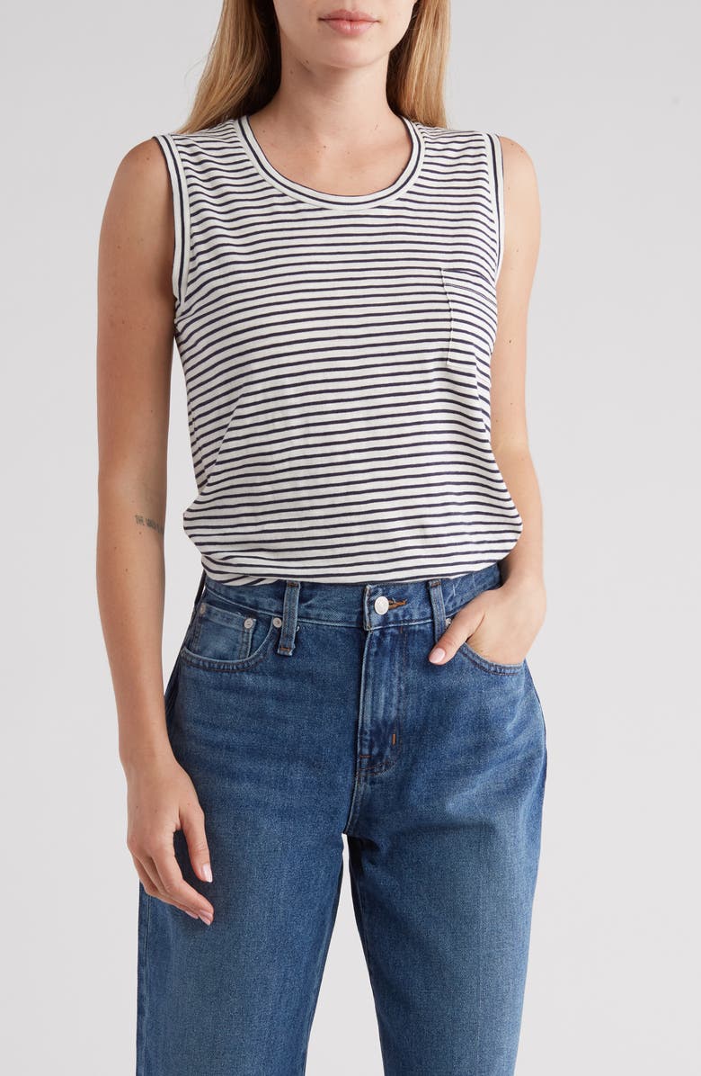 Madewell Sandberg Stripe Pocket Muscle Tank, Main, color, Deep Navy