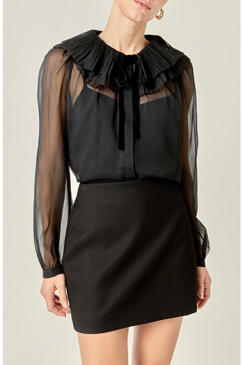 Pleated Collar Chiffon Top, Main, color, BLACK
