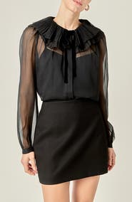 English Factory Pleated Collar Chiffon Top