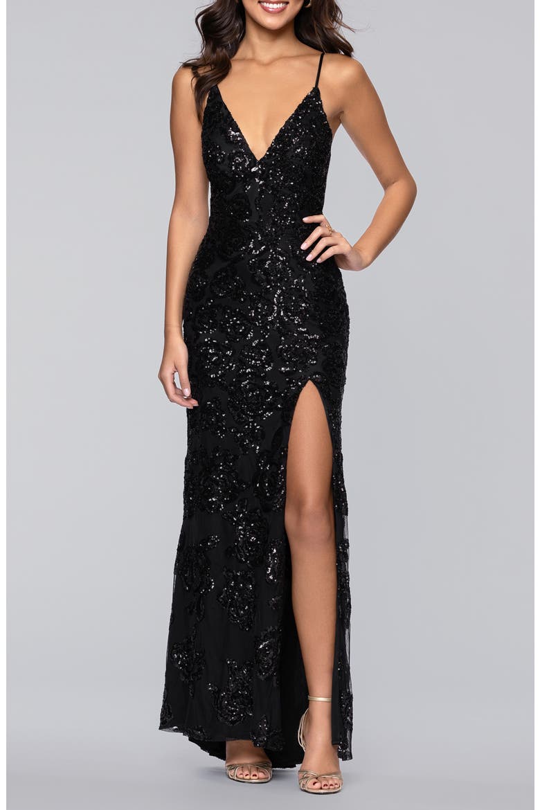 Rose Sequin Lace-Up Mermaid Gown, Main, color, BLACK