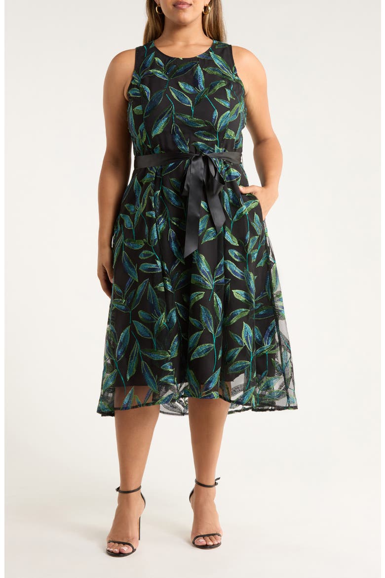 Embroidered Tie Waist Sleeveless Midi Dress, Main, color, BLACK JEWEL TEAL
