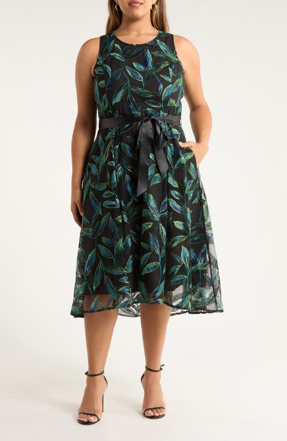 Embroidered Tie Waist Sleeveless Midi Dress