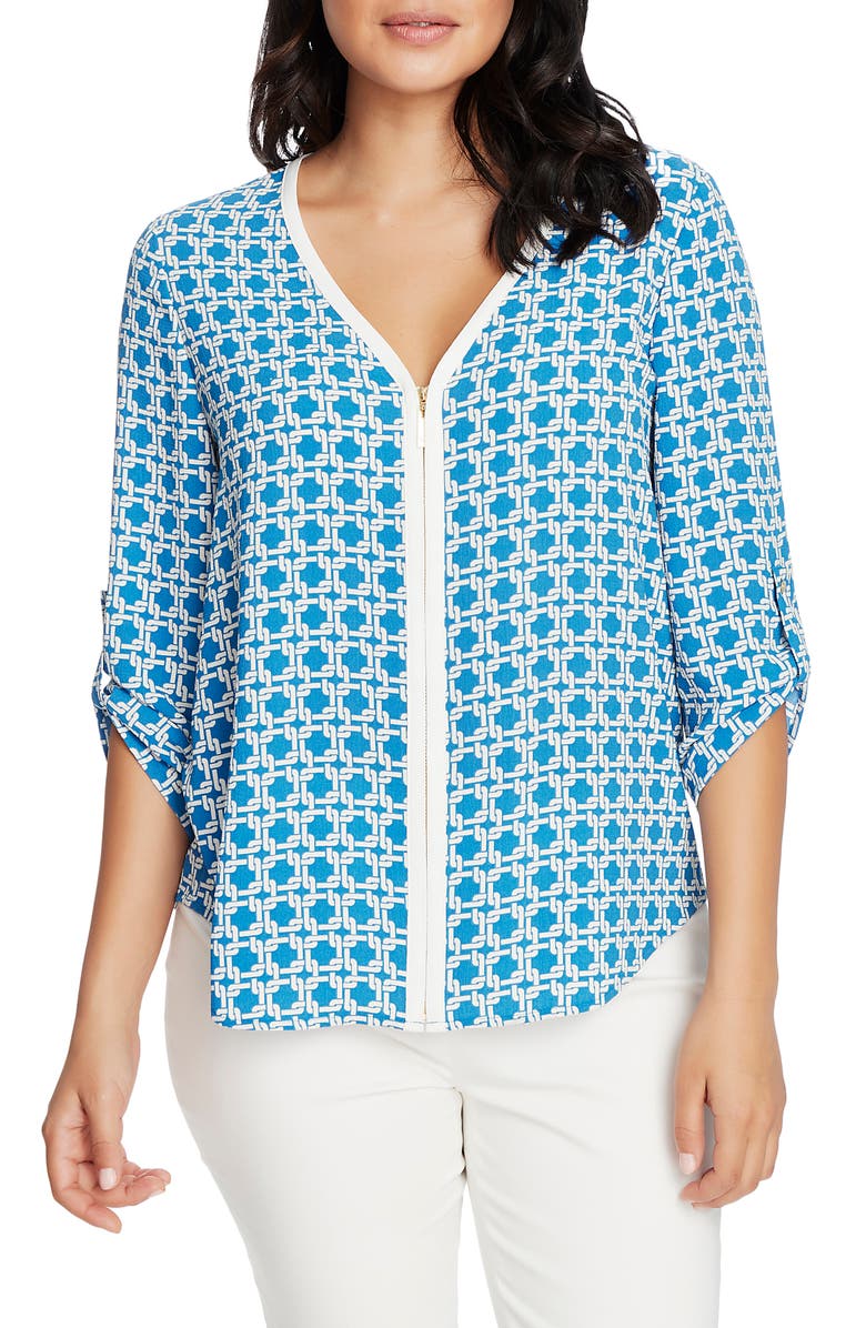 Chaus Print Front Zip V-Neck Top, Main, color, 