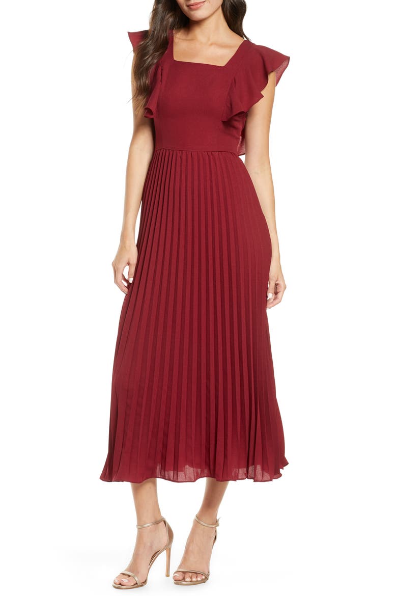 Ensra Ruffle Sleeve Midi Dress, Main, color, BURGUNDY