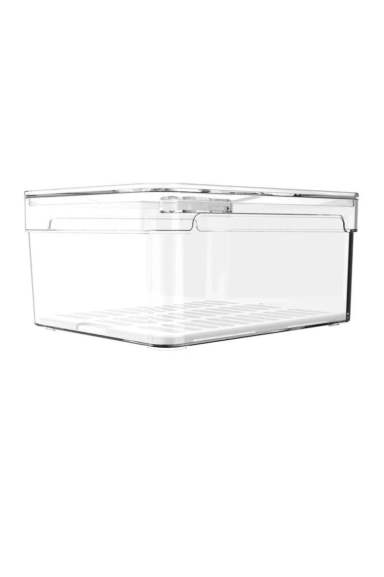 Clear Stackable Fridge Organizer Bin with Drain Tray and Vented Lid, 2.3 Quart Capacity, Alternate, color, Clear with White Drainer