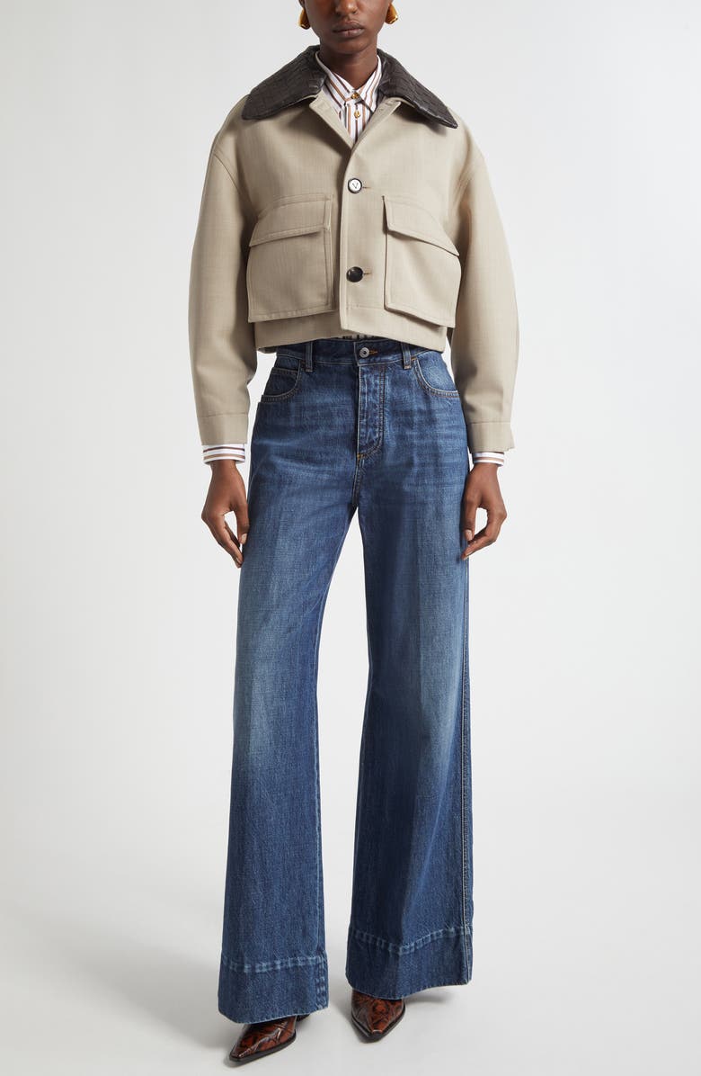 Bottega Veneta Cotton Blend Twill Crop Jacket with Removable Intrecciato Leather Collar, Alternate, color, 