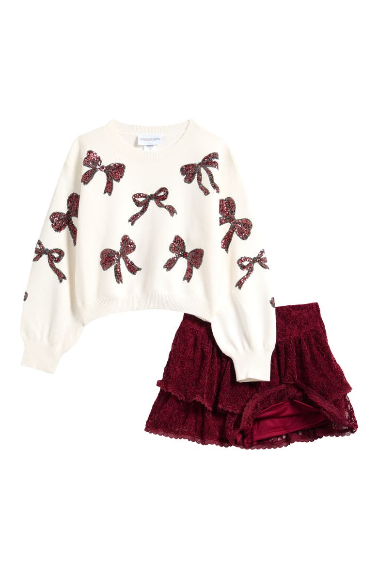 Kids' Sequined Bow Sweater & Lace Skort Set, Alternate, color, PLUM