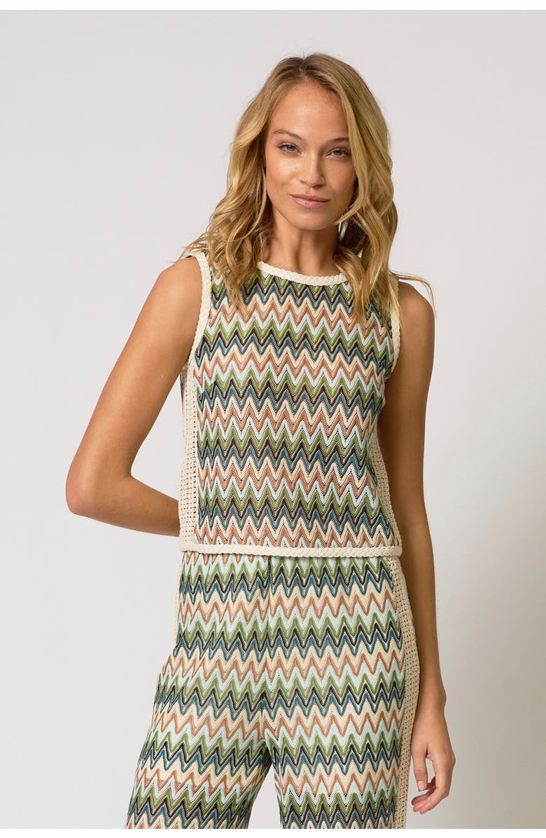 Central Park West Celine Rainbow Crochet Knit Button-Back Shell, Alternate, color, Neutral Multi