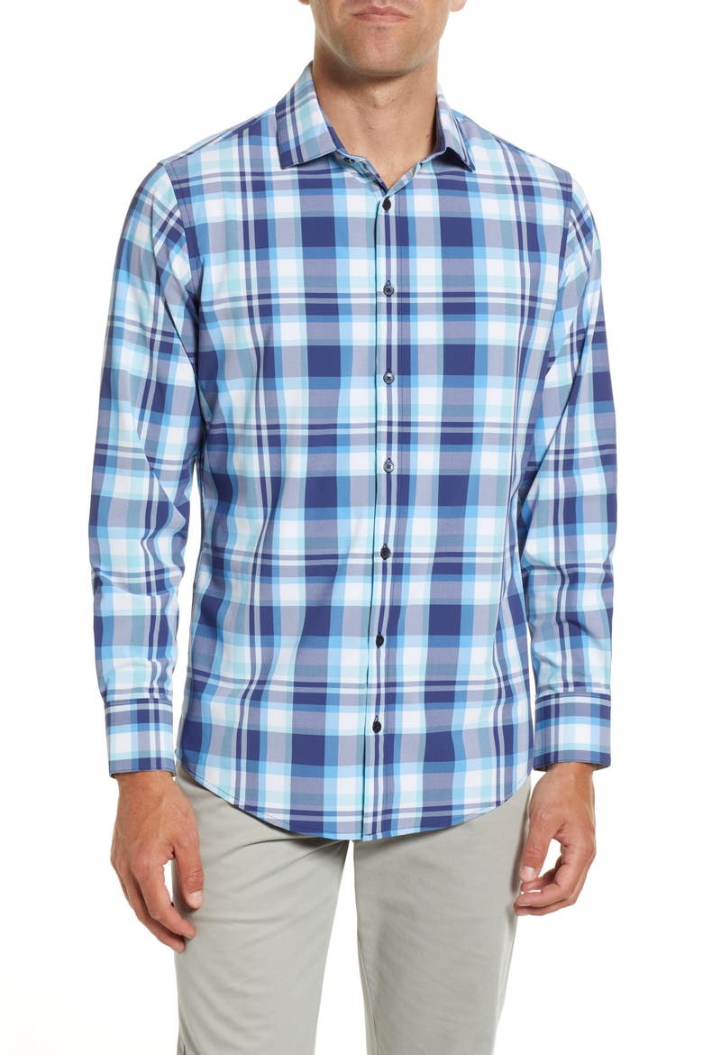 Men's Leeward Trim Fit Plaid Performance Button-Up Shirt, Main, color, NAVY AQUA MULTI LARGE PLAID