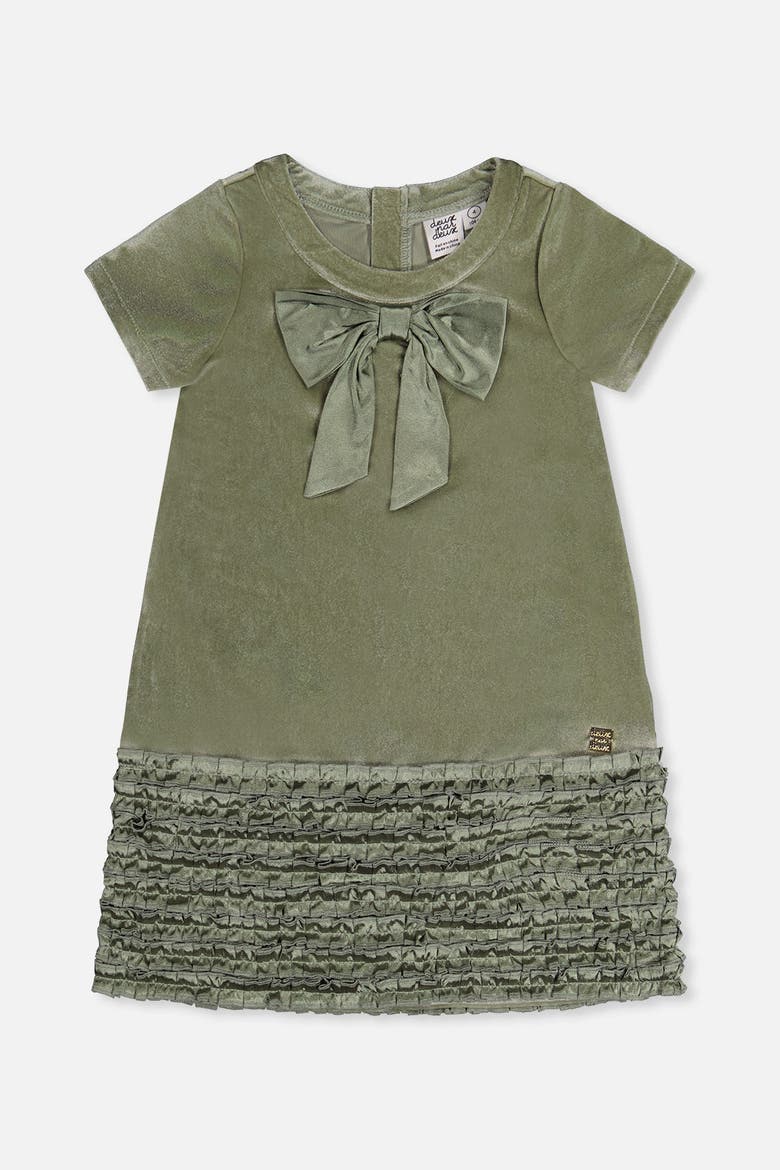 Short Sleeve Bow Detail Textured Bottom A-Line Dress, Main, color, Greyish Green