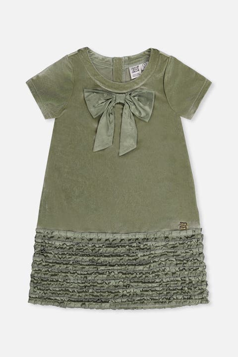 Short Sleeve Bow Detail Textured Bottom A-Line Dress