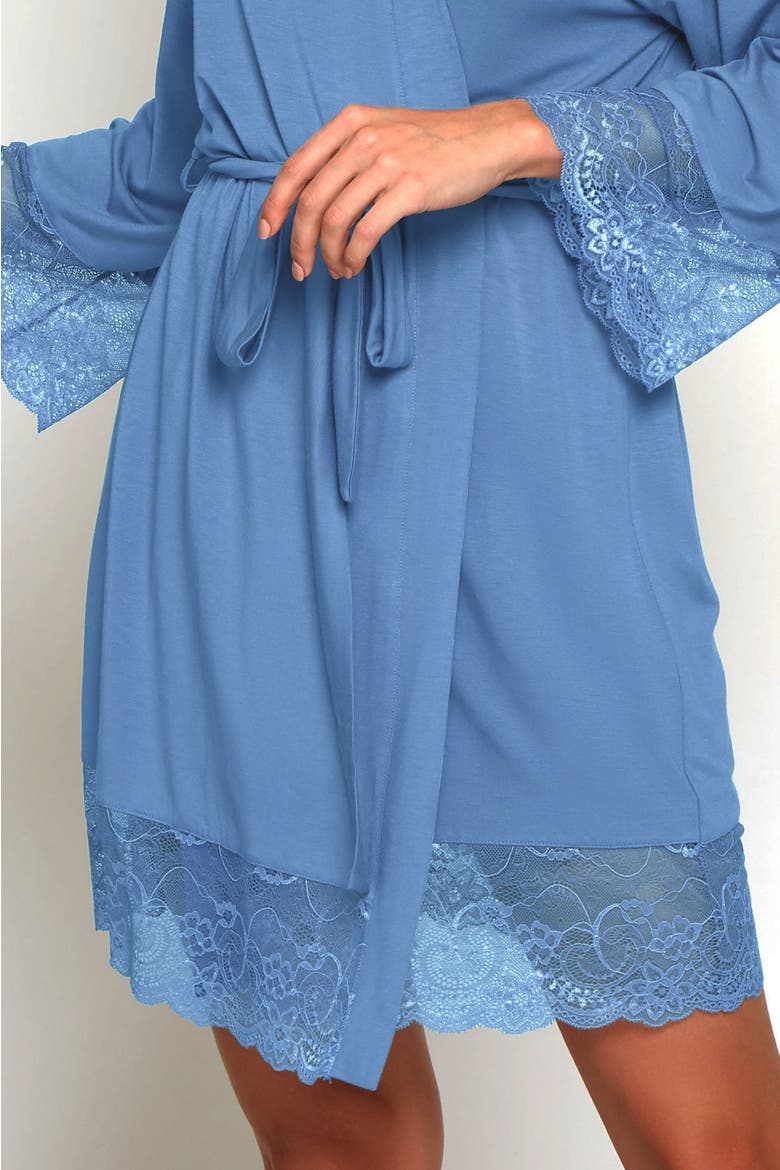 Lace Trim Viscose Wrap Robe, Alternate, color, Blue