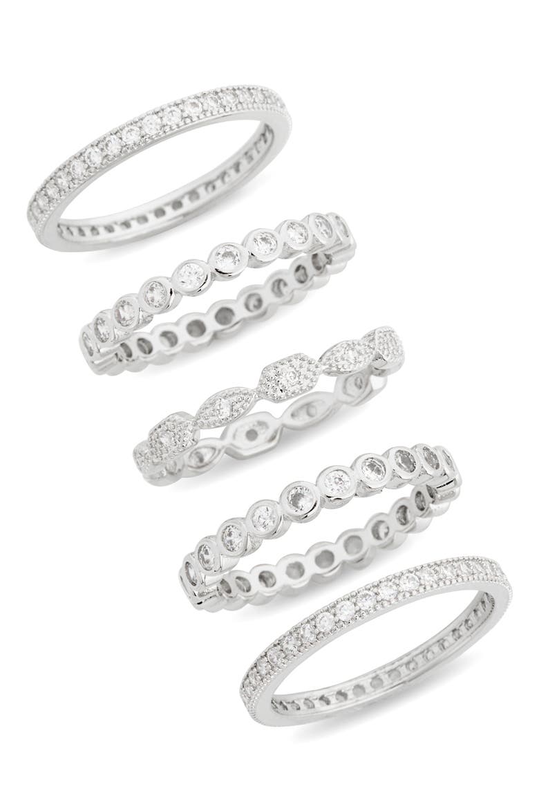 Pack of 5 CZ Embellished Stackable Rings, Main, color, CLEAR- SILVER
