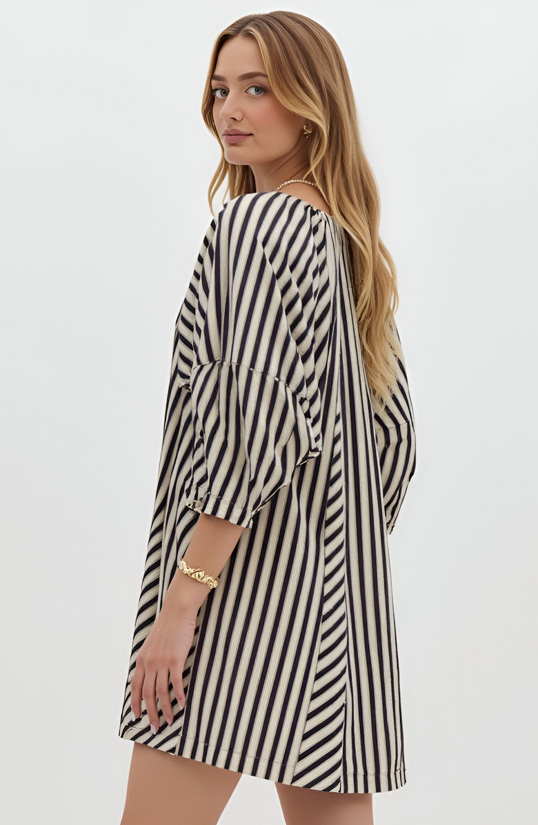 Modenaire Striped Mini Dress with Tie Neckline, Pockets and 3/4 Sleeves, Alternate, color, Black / White Striped