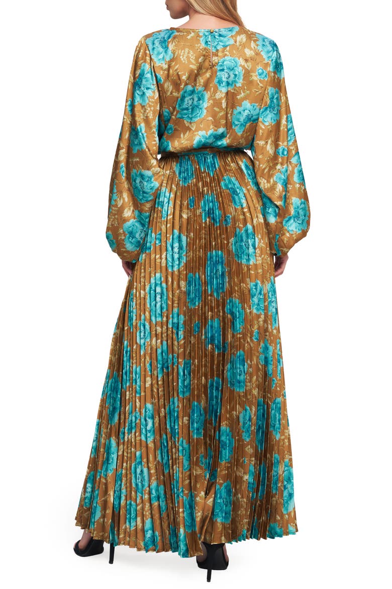 Long Sleeve Print Pleated Maxi Dress, Alternate, color, DIJON