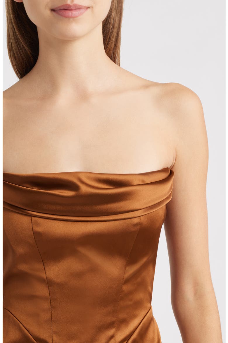 Adrienne Ostrich Feather Hem Strapless Satin Cocktail Minidress, Alternate, color, BRONZE