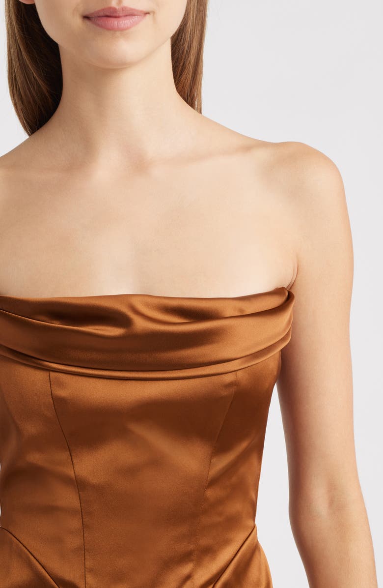 Delfi Collective Adrienne Ostrich Feather Hem Strapless Satin Cocktail Minidress, Alternate, color, Bronze