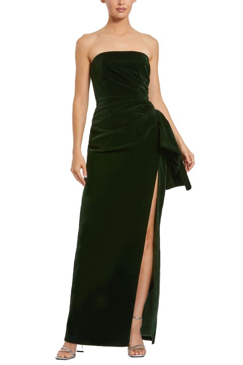 Strapless Draped Velvet Ankle Dress With Slit