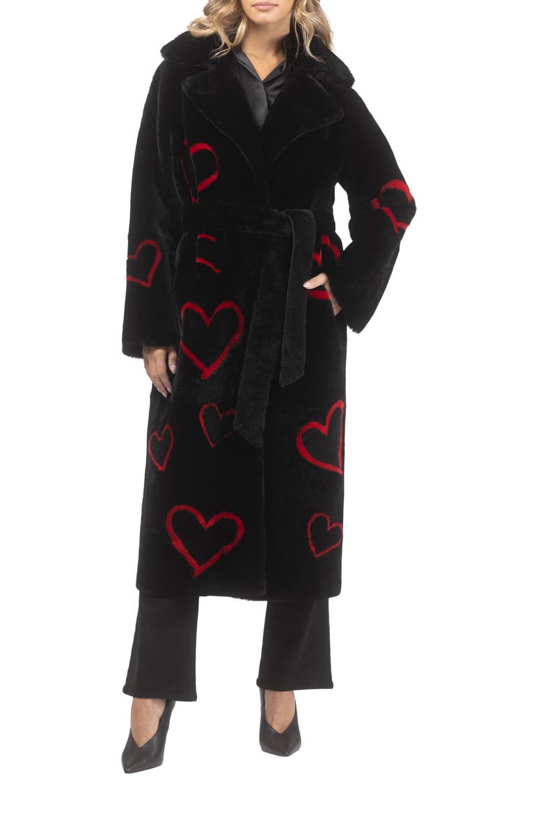 Reversible Genuine Shearling Coat with Heart Intarsia, Belt, Main, color, Black/Red