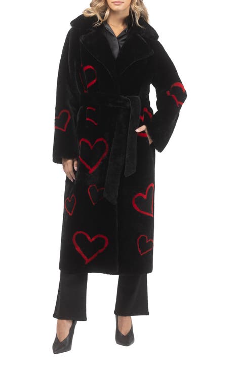 Reversible Genuine Shearling Coat with Heart Intarsia, Belt
