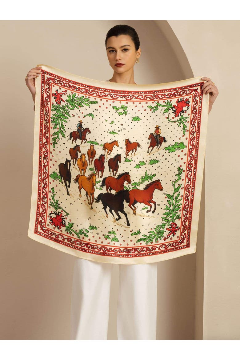 Pure Silk Horse Herd Square Scarf, Alternate, color, Yellow