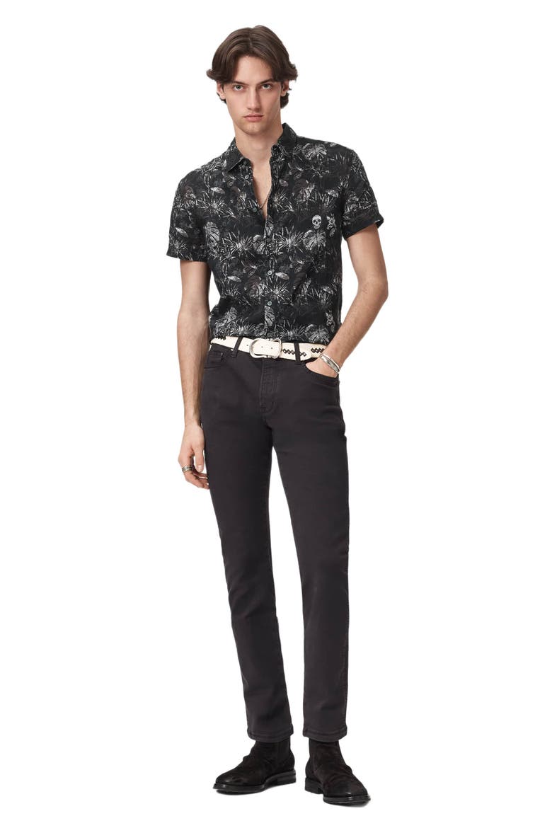 Sean Leaf Print Short Sleeve Linen Button-Up Shirt, Alternate, color, BLACK