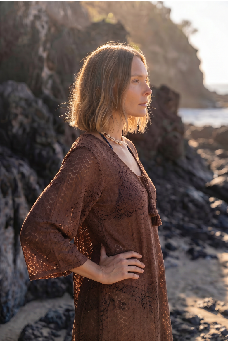 Sorrento Bell Sleeve Crochet Cover-up, Alternate, color, Brown