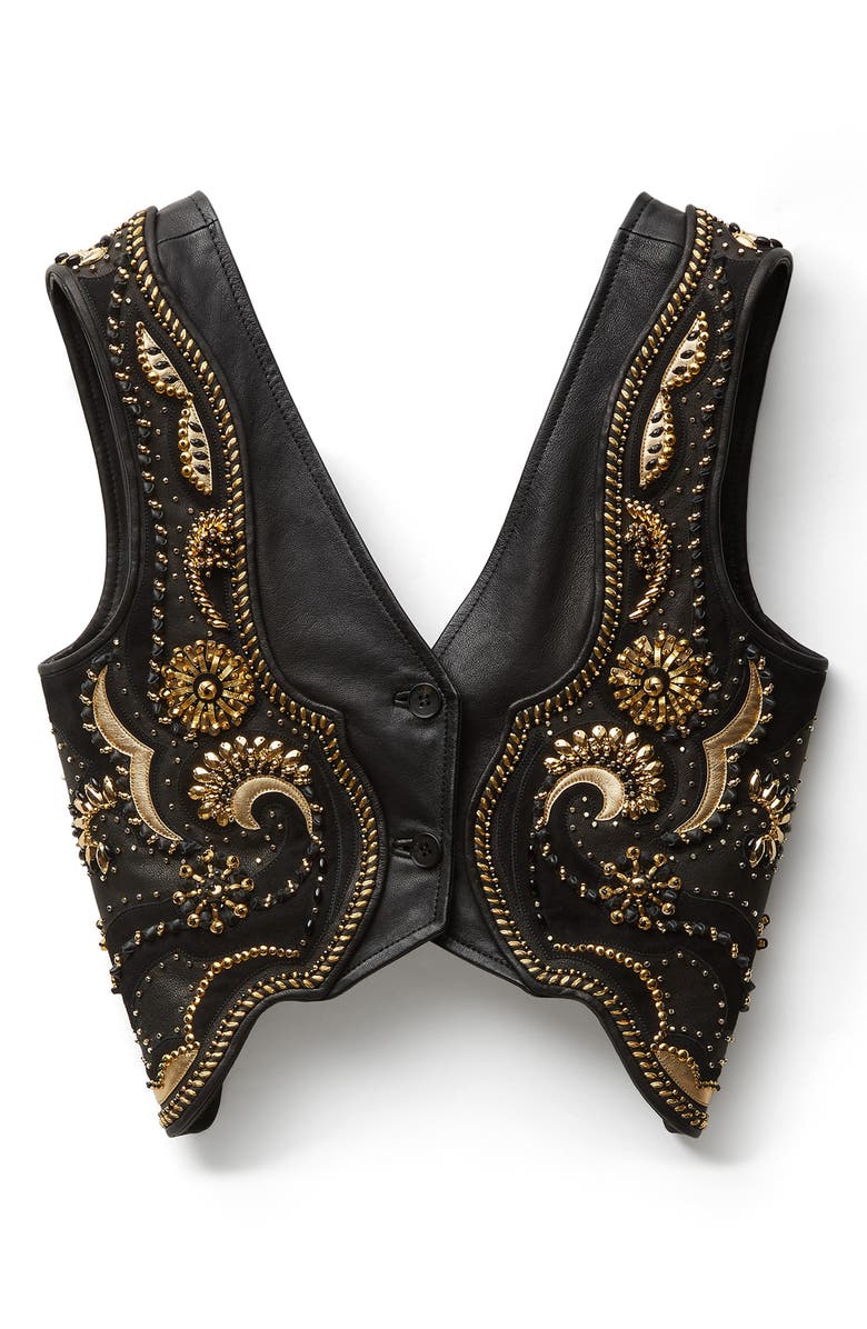 Versace Crop Beaded Leather Vest, Alternate, color, Black
