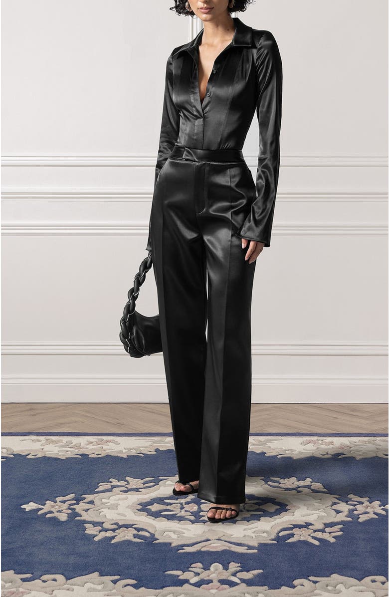Manière De Voir Louise Wide Shoulder Satin Shirt Bodysuit, Alternate, color, Black