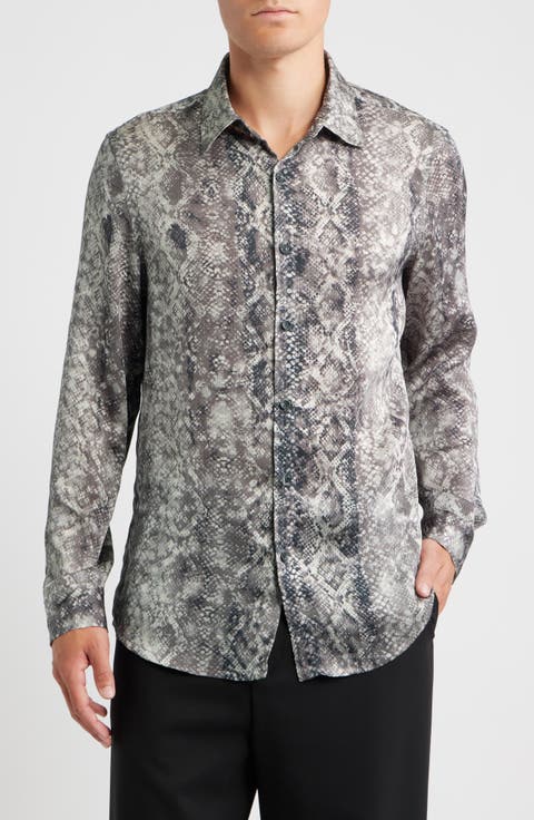 Snakeskin Print Satin Button-Up Shirt