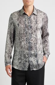 Open Edit Snakeskin Print Satin Button-Up Shirt