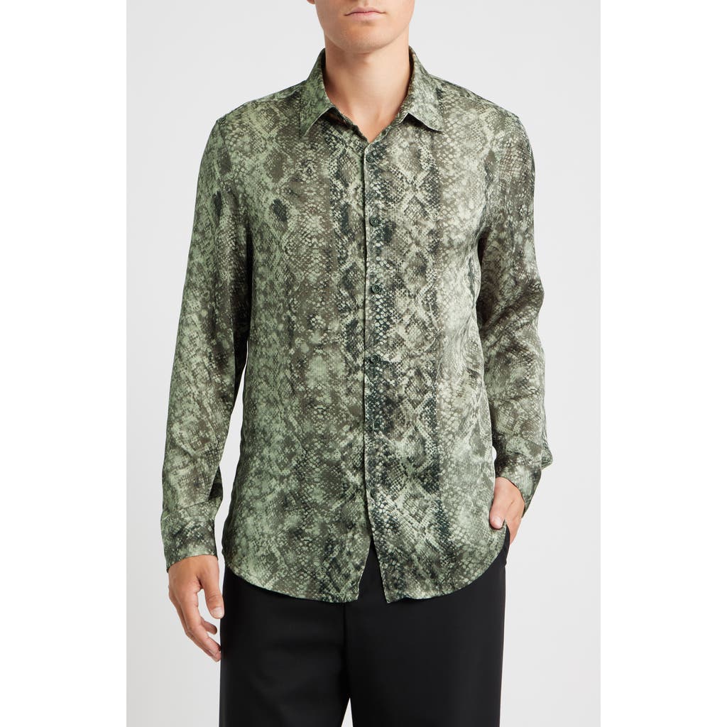 Open Edit Snakeskin Print Satin Button-up Shirt In Green