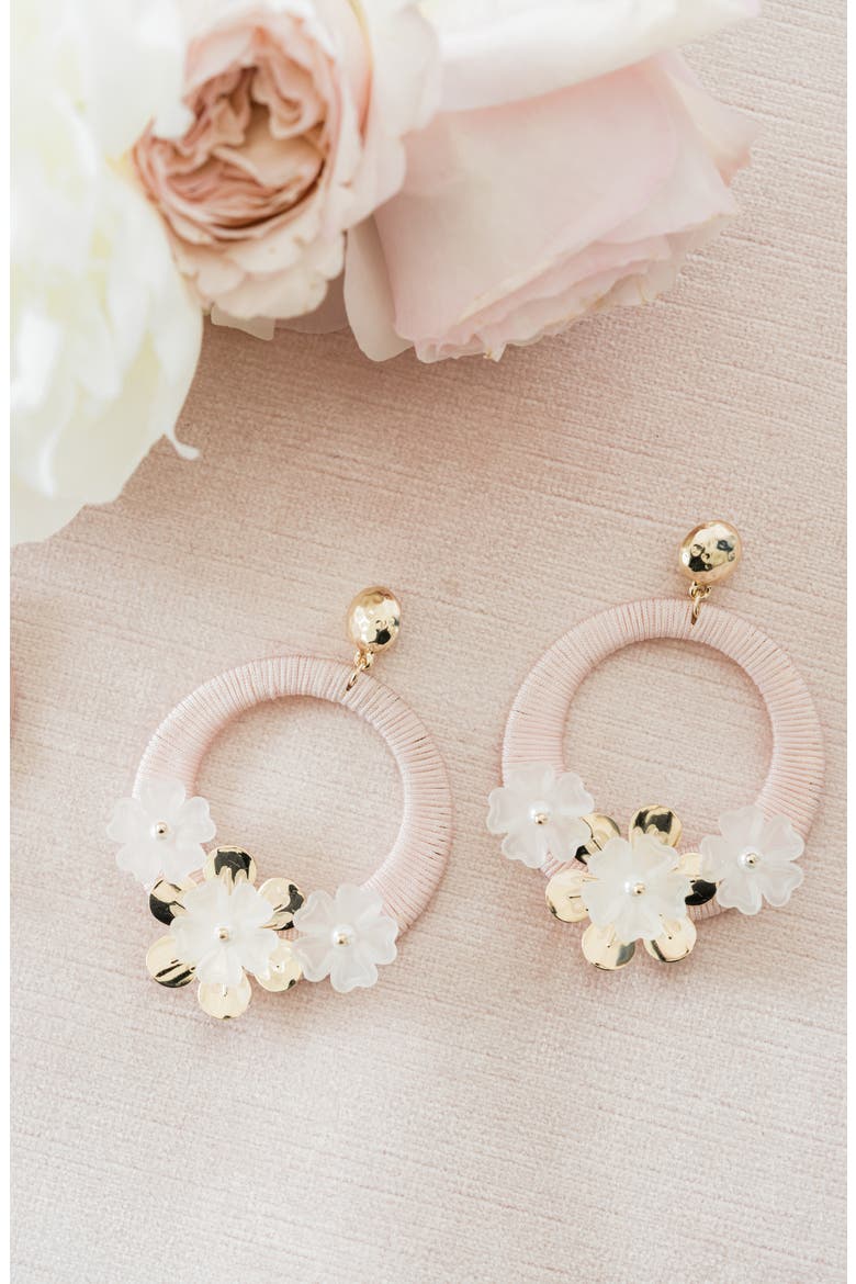Flower Hoop Drop Earrings, Alternate, color, PINK PEARL- GOLD