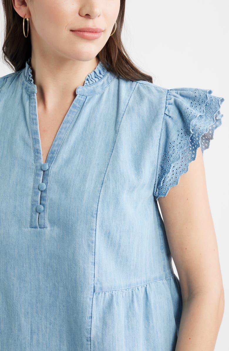 Caslon<sup>®</sup> Ruffle Eyelet Chambray Top, Alternate, color, Light Wash