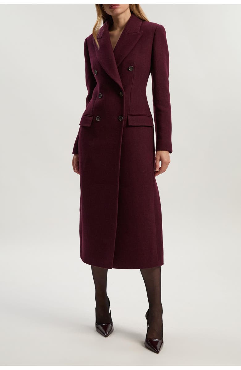 Karen Millen Wool Double Breasted Tailored Midi Coat, Alternate, color, Burgundy
