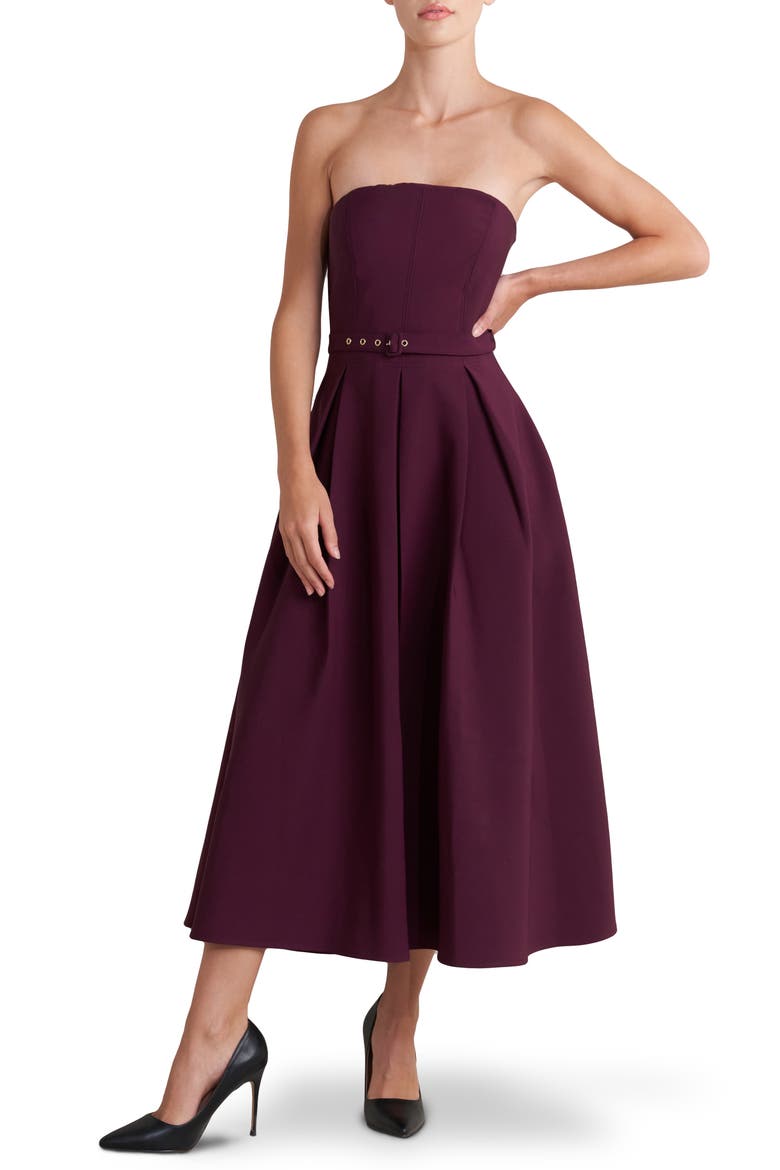 Belted Strapless Midi Dress, Main, color, BURGUNDY