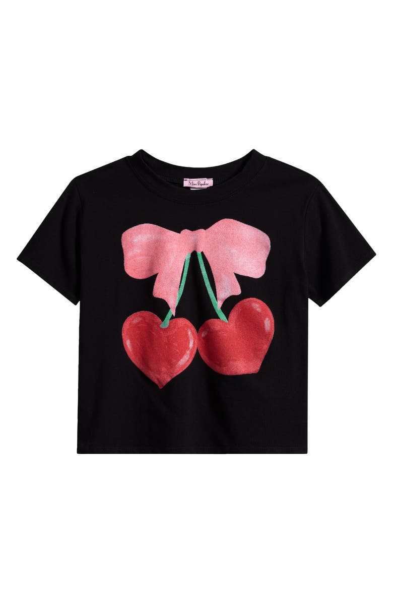 MISS POPULAR Kids' Cherry Bow Stretch Cotton Graphic T-Shirt, Main, color, Black