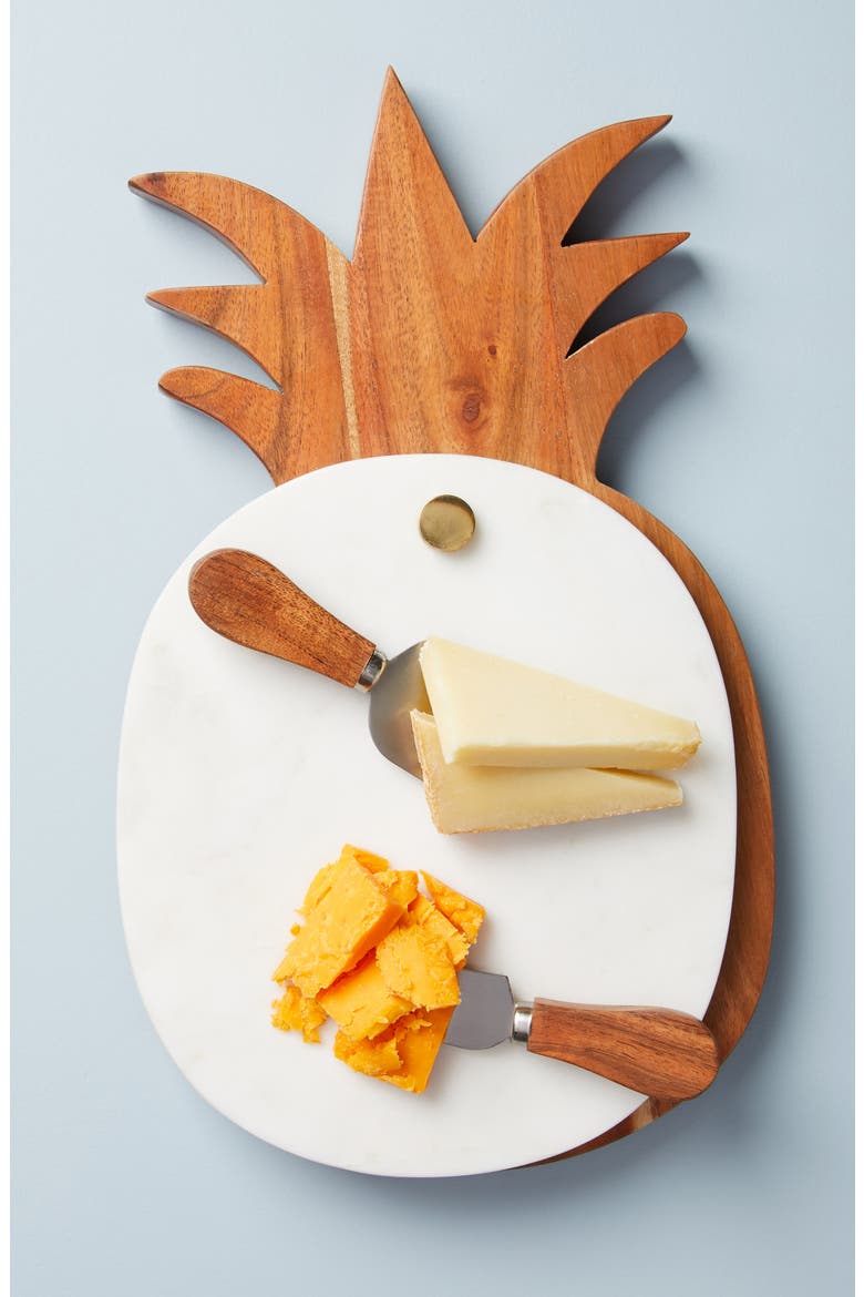 Anthropologie Marble Pineapple Cheeseboard & Set of 3 Cheese Knives, Main, color, WHITE