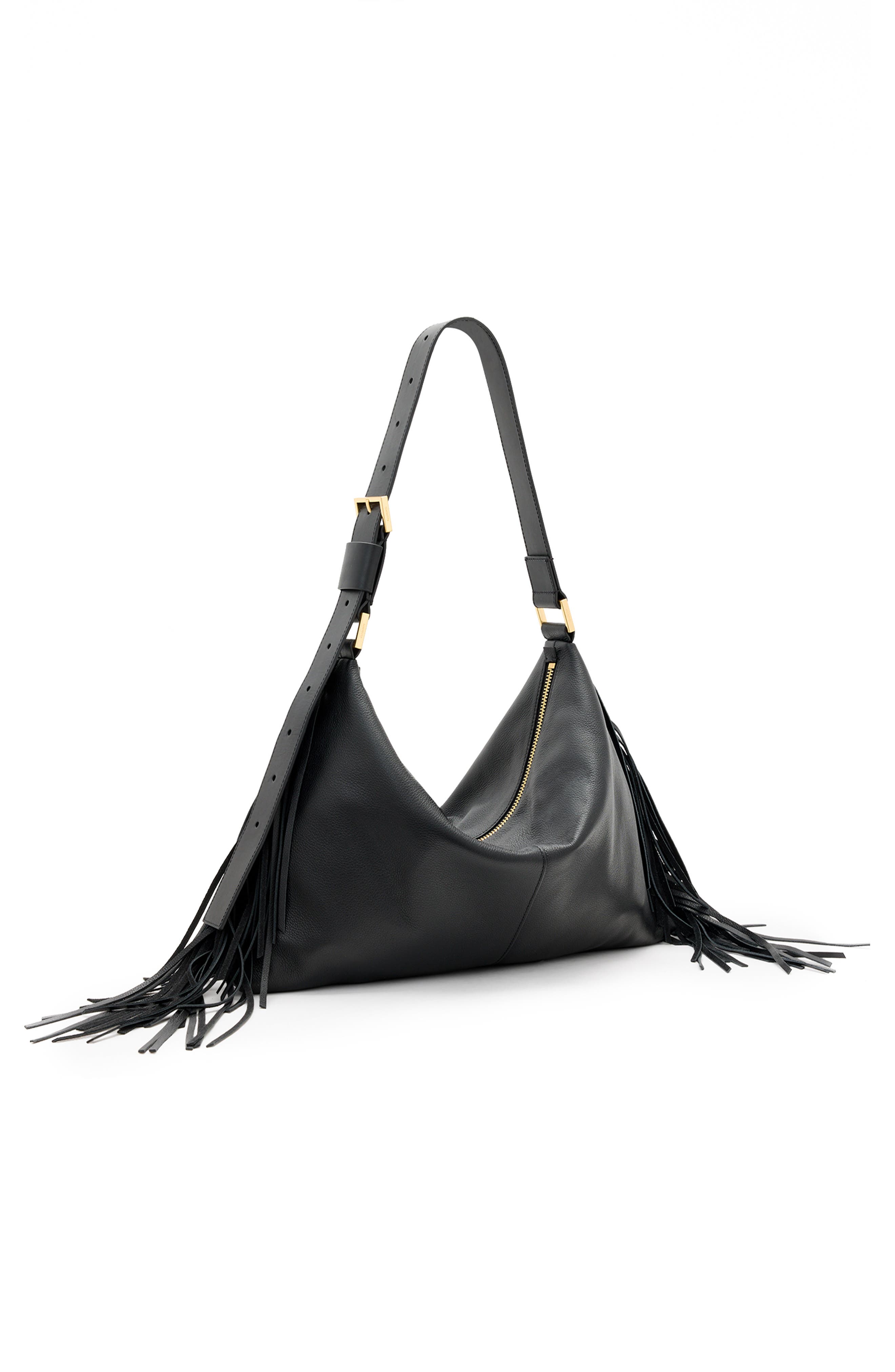 AllSaints Edbury Fringe Leather Hobo Bag, Alternate, color, 