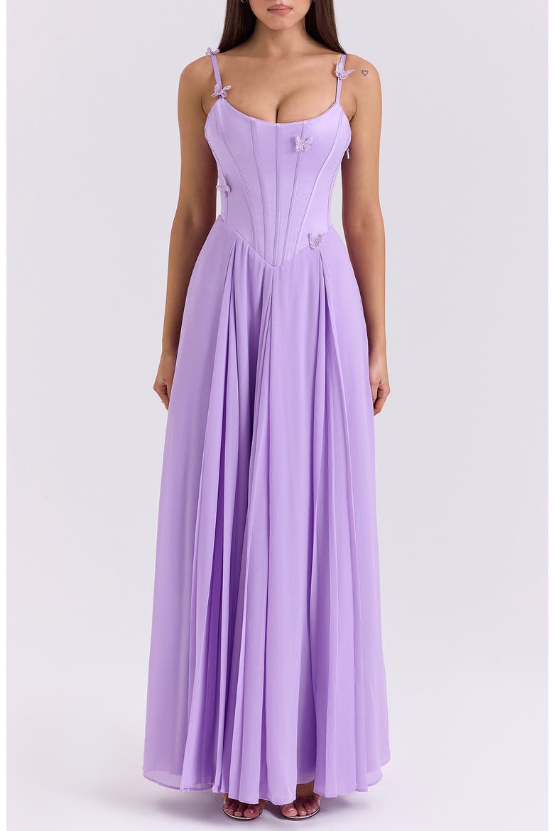Pascha Butterfly Appliqué Corset Maxi Dress, Main, color, SHEER LILAC