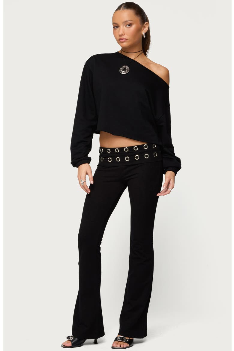 Nairobi Grommet Foldover Low Rise Flare Pants, Alternate, color, BLACK