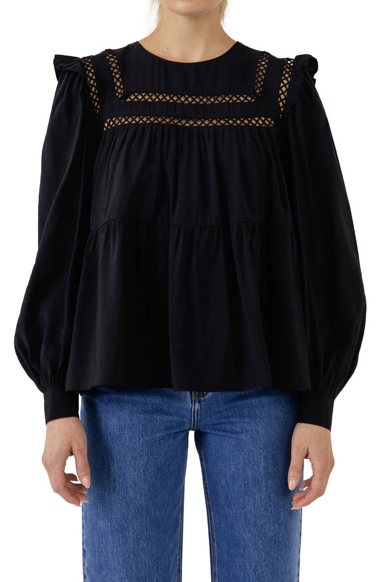 English Factory Lace Inset Puff Sleeve Blouse, Alternate, color,