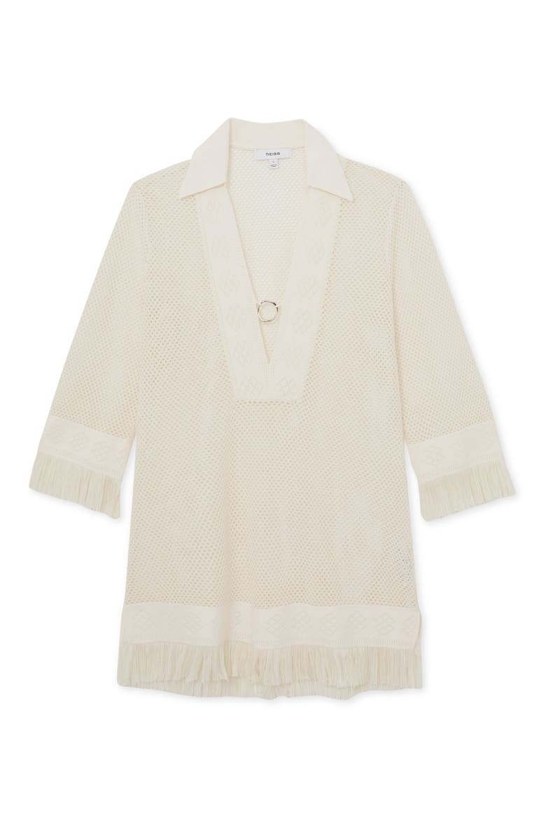 Fabrienne Fringe Long Sleeve Sheer Cover-Up Tunic, Alternate, color, IVORY