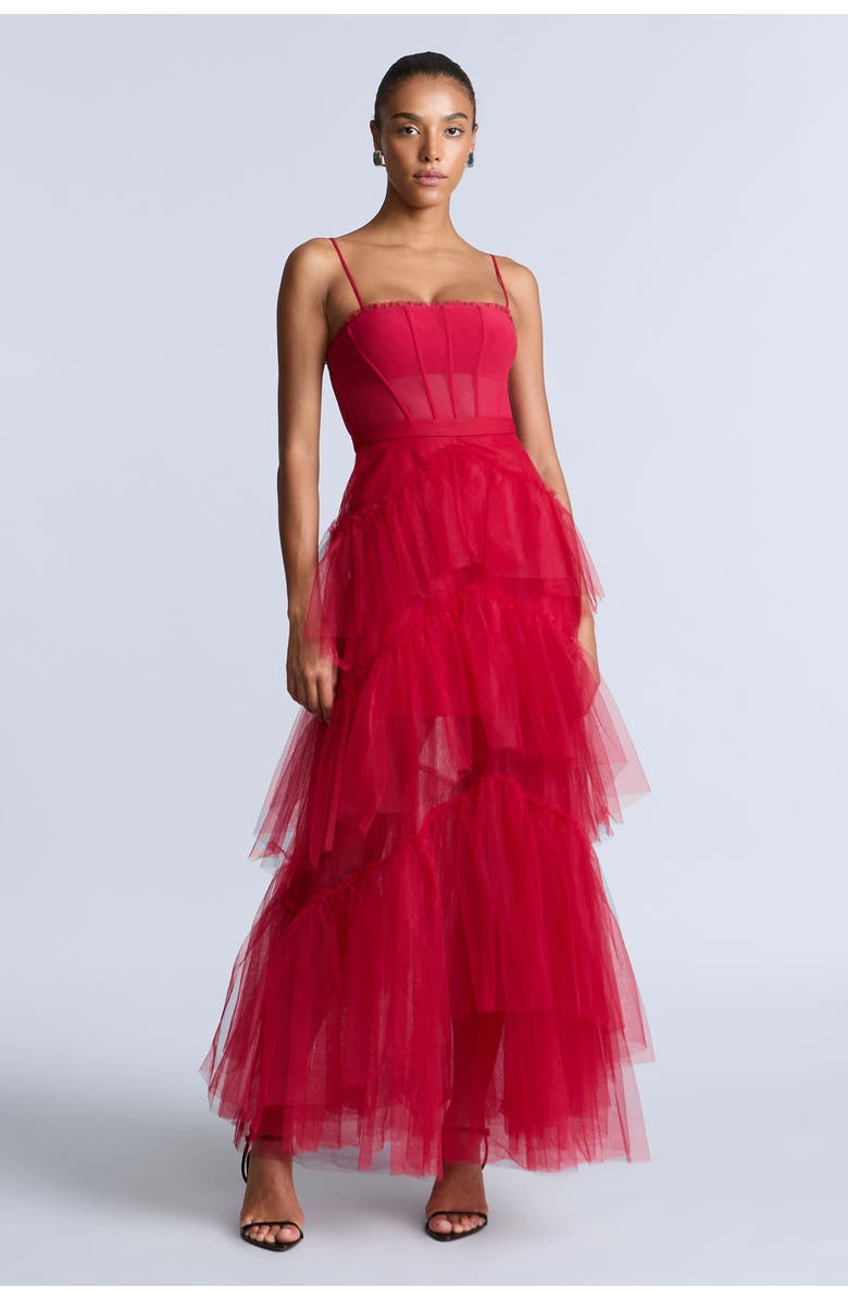 BCBGMAXAZRIA Oly Tiered Ruffle Tulle Evenin, Main, color, Chilli Pepper