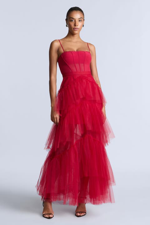 Oly Tiered Ruffle Tulle Evenin