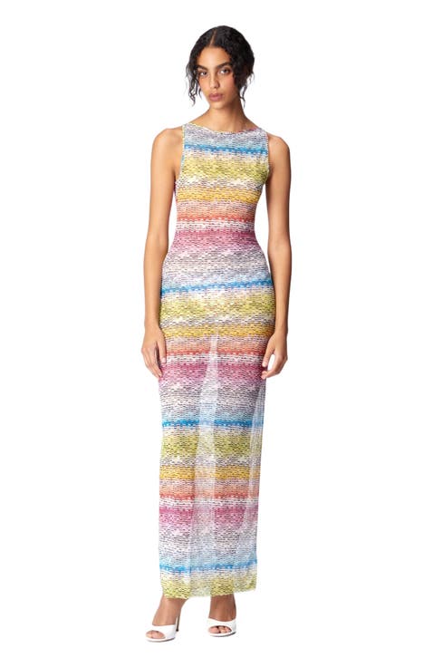 Long Sleeveless Dress In Printed Tulle