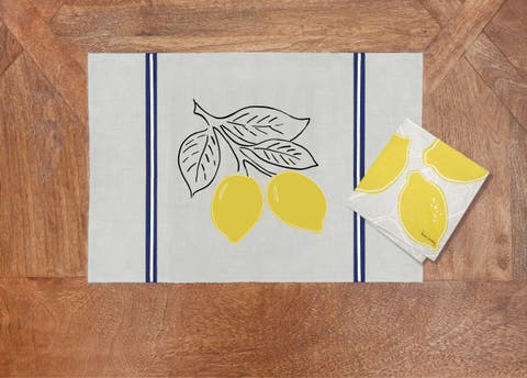 Lemon Stripe Placemats Set of 6 Yellow Elegant Painting, 14" x 20"