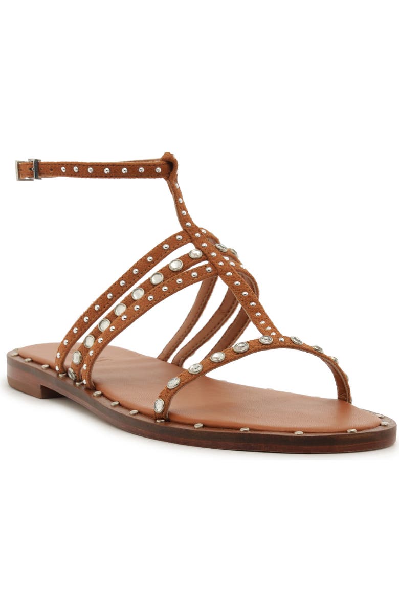 Schutz Isidora Studded Ankle Strap Sandal, Main, color, Desert Brown