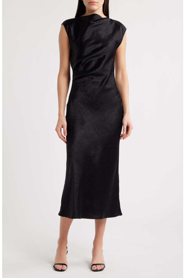 Cap Sleeve Satin Midi Dress, Main, color, BLACK DARK