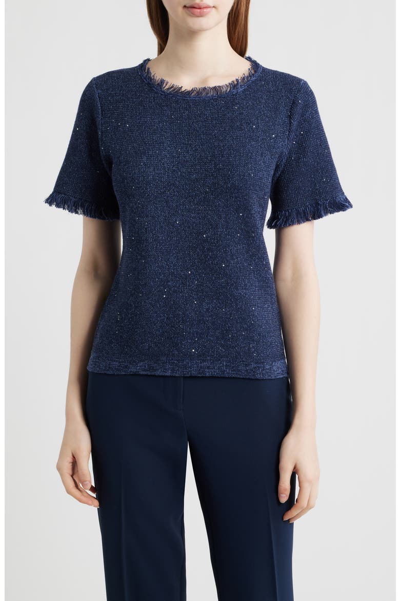 Kate Fringe Short Sleeve Sweater, Main, color, NAVY